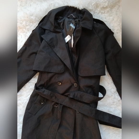 Black Women's Trench Coat with Waist Belt - Picture 2 of 4